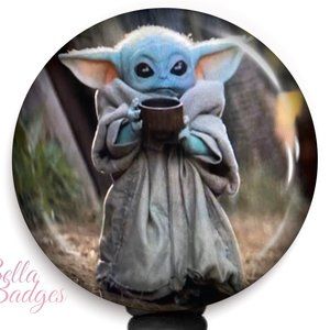 Baby Yoda Drinking Soup Badge Reel
